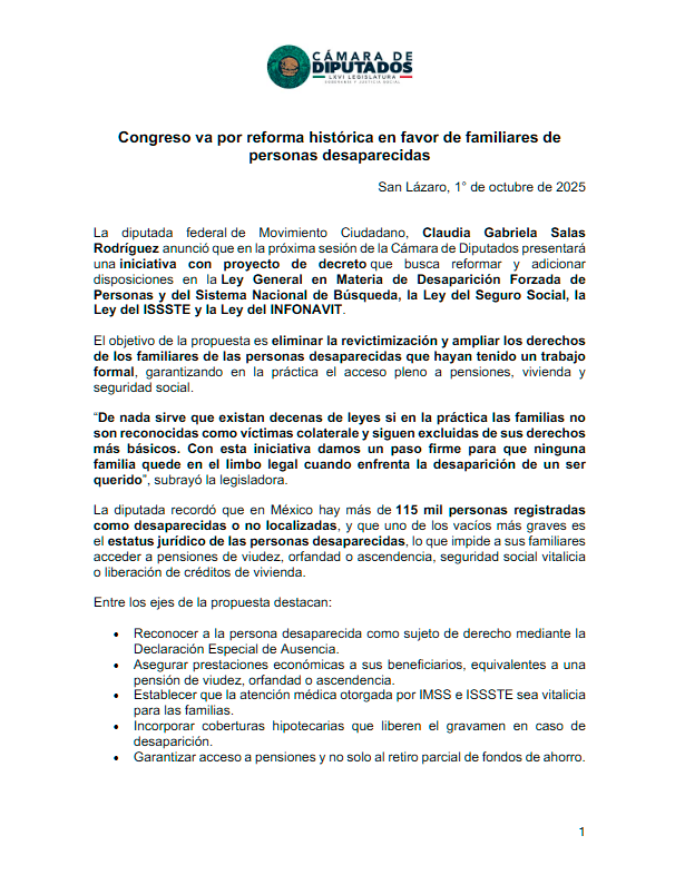 Congreso va por reforma histórica en favor de familiares de personas desaparecidas